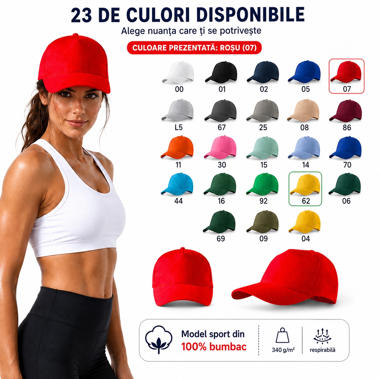 Șapcă damă sport din bumbac 5P 307 reglabilă cu cataramă și cozoroc curbat