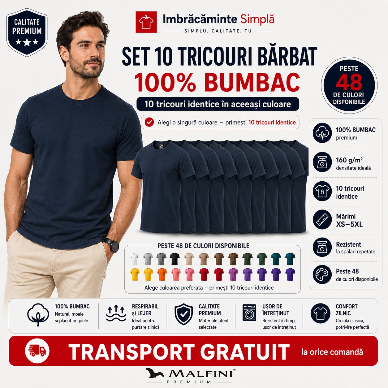 Set 10 tricouri bărbat Malfini 100% bumbac regular fit 48 de culori disponibile