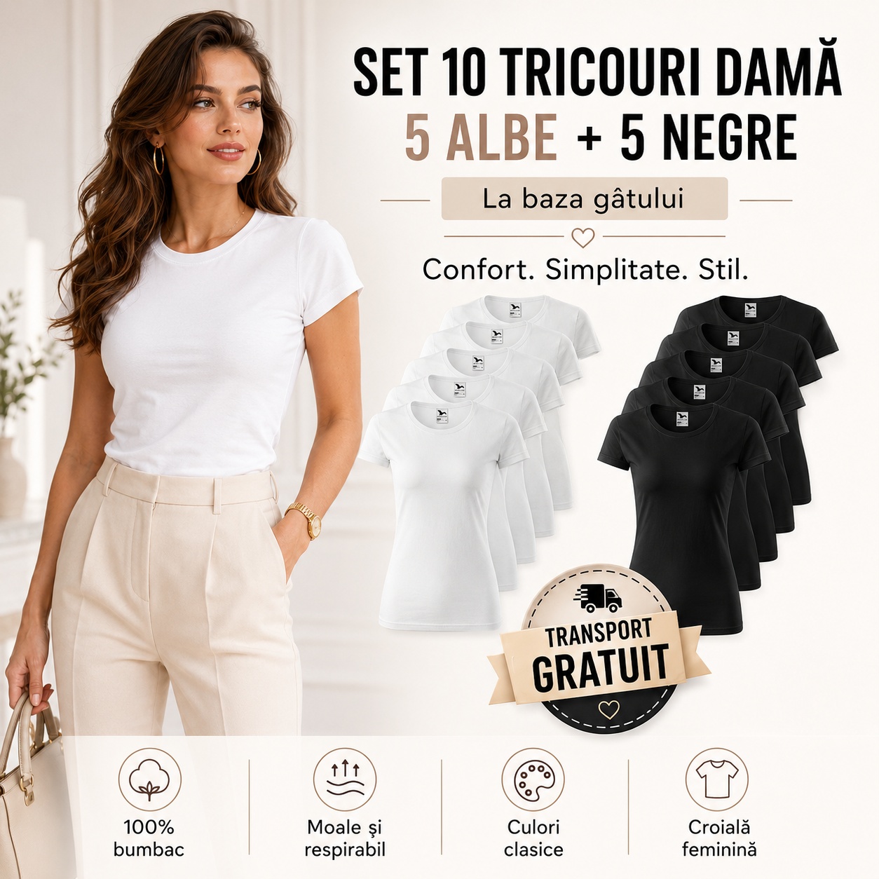 Set 10 tricouri damă basic 5 albe 5 negre confort simplitate stil