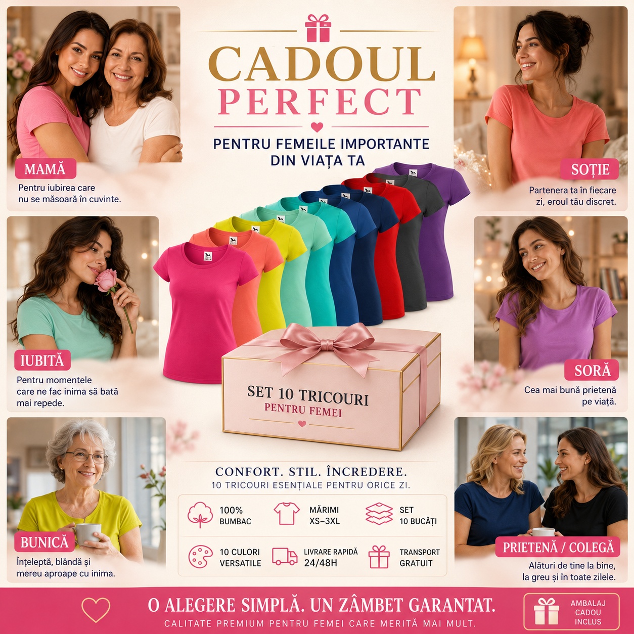 Set 10 tricouri damă - cadou practic pentru femei Set 10 tricouri damă cadoul perfect pentru femei, bumbac 100%, culori variate