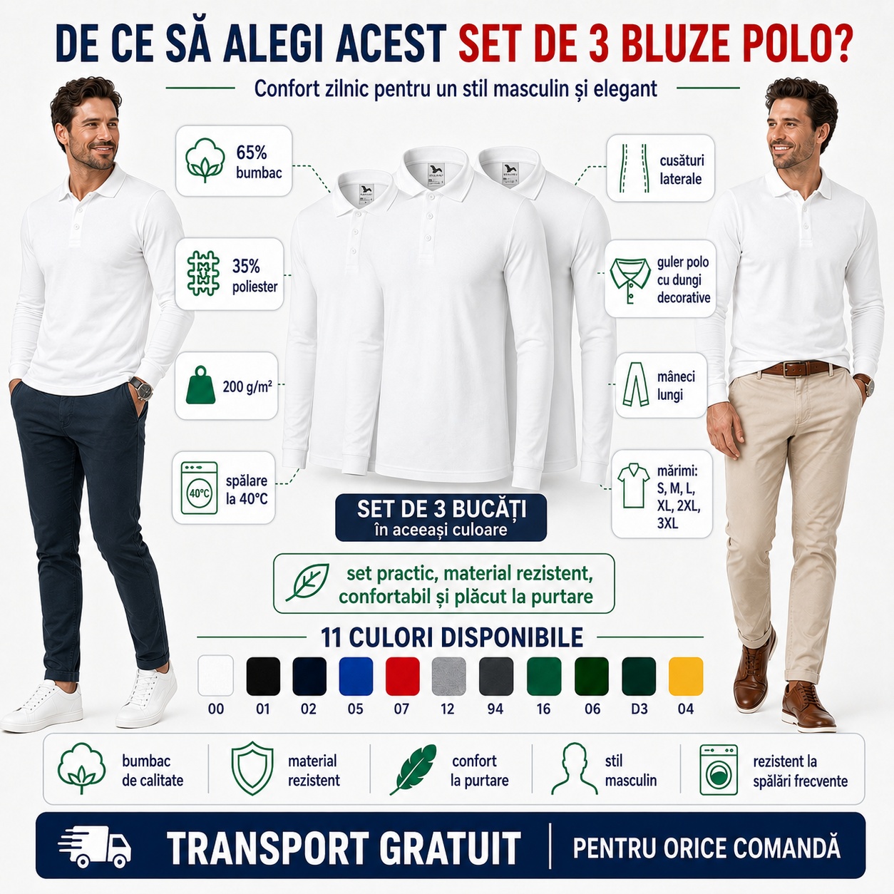 Beneficii set 3 bluze polo bărbat cu mânecă lungă și guler tip Tommy