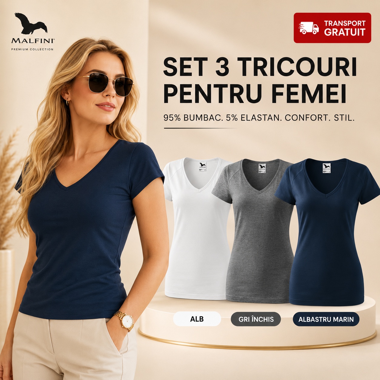 Set 3 tricouri damă Malfini 128 Dream - alb, gri închis, albastru marin Set 3 tricouri damă Malfini 128 Dream alb gri închis albastru marin, decolteu în V, 95% bumbac, 5% elastan