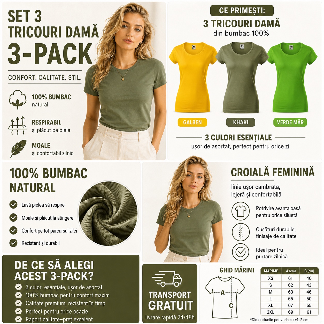 Set 3 tricouri damă 3 pack 100% bumbac galben khaki verde măr confort calitate stil