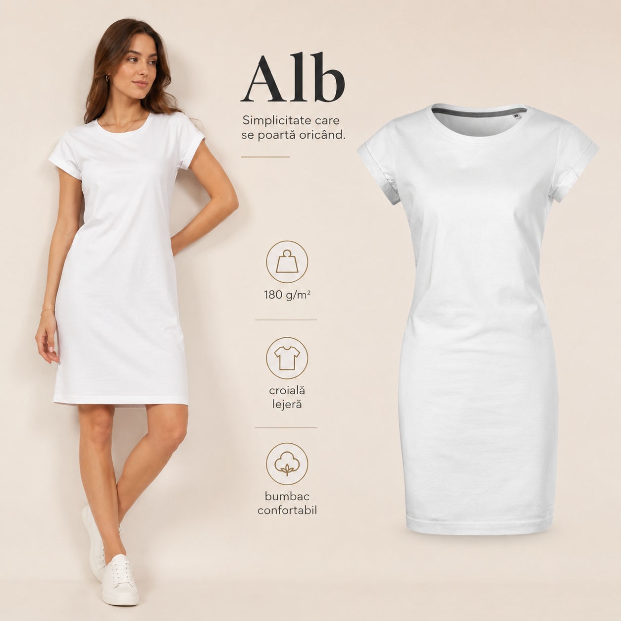 Alb - Rochie Tip Tricou Freedom 178 Rochie tip tricou albă Freedom 178, simplă, confortabilă, cu croială lejeră și material de 180 g/m²