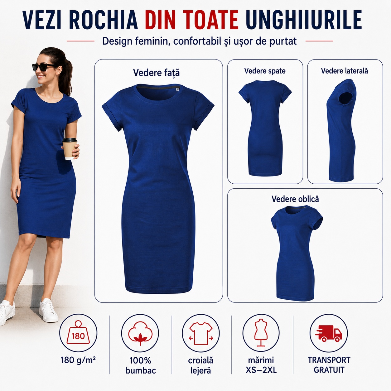 Rochie damă albastru marin Freedom 178 văzută din față, spate, lateral și oblic