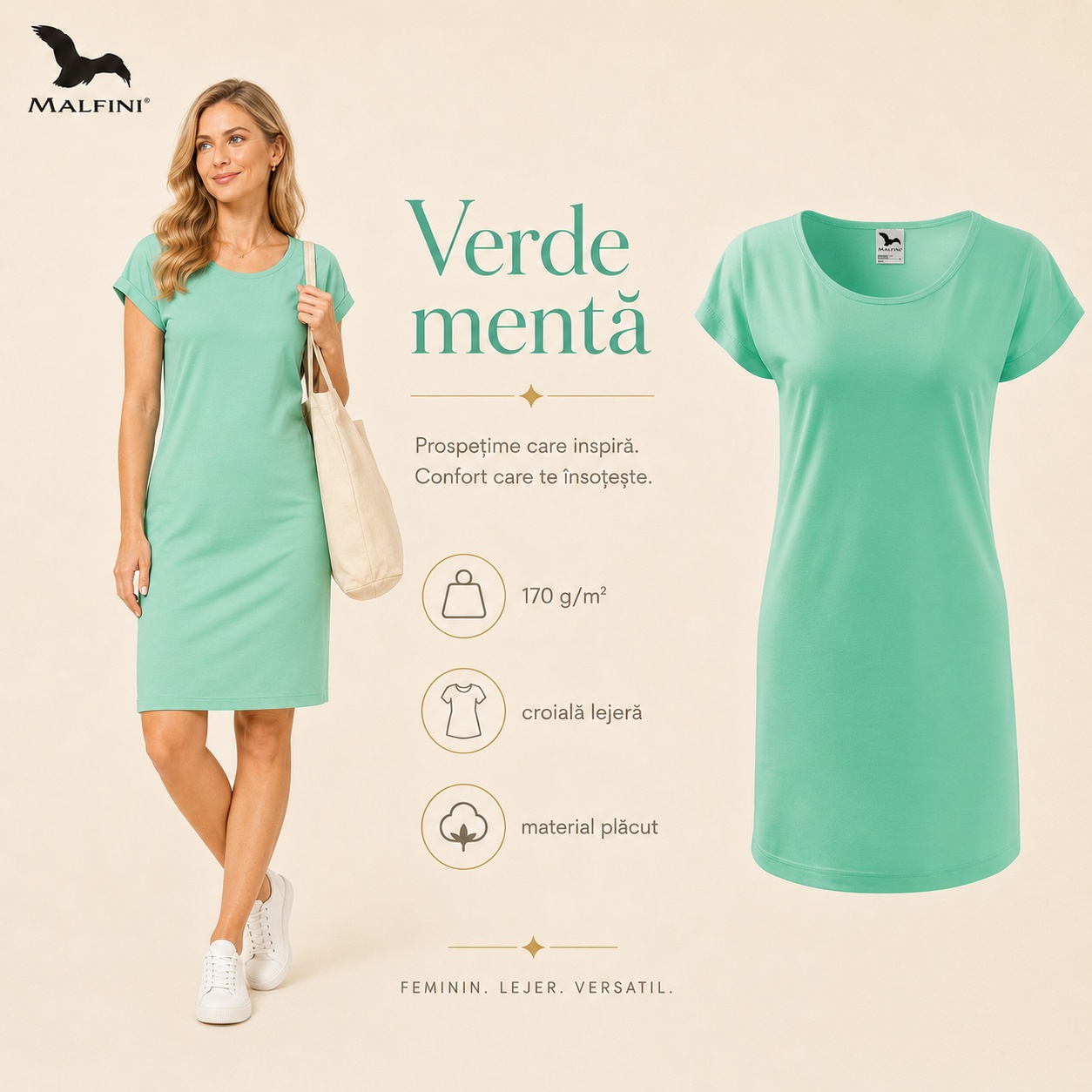 Tricou lung damă verde mentă Malfini Love 123 prospețime confort material plăcut