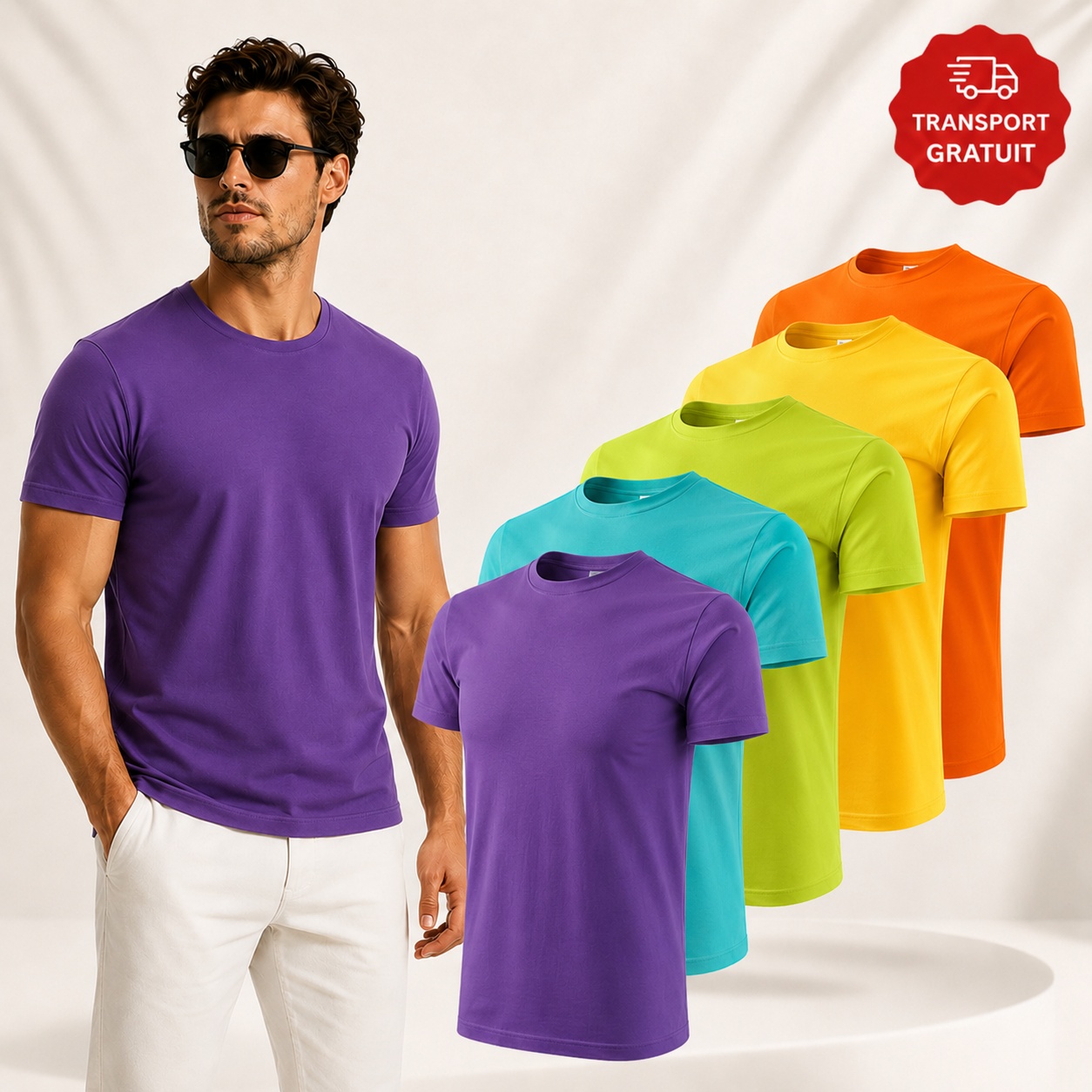 Set 5 tricouri bărbați 100% bumbac violet turcoaz lime galben lămâie portocaliu transport gratuit