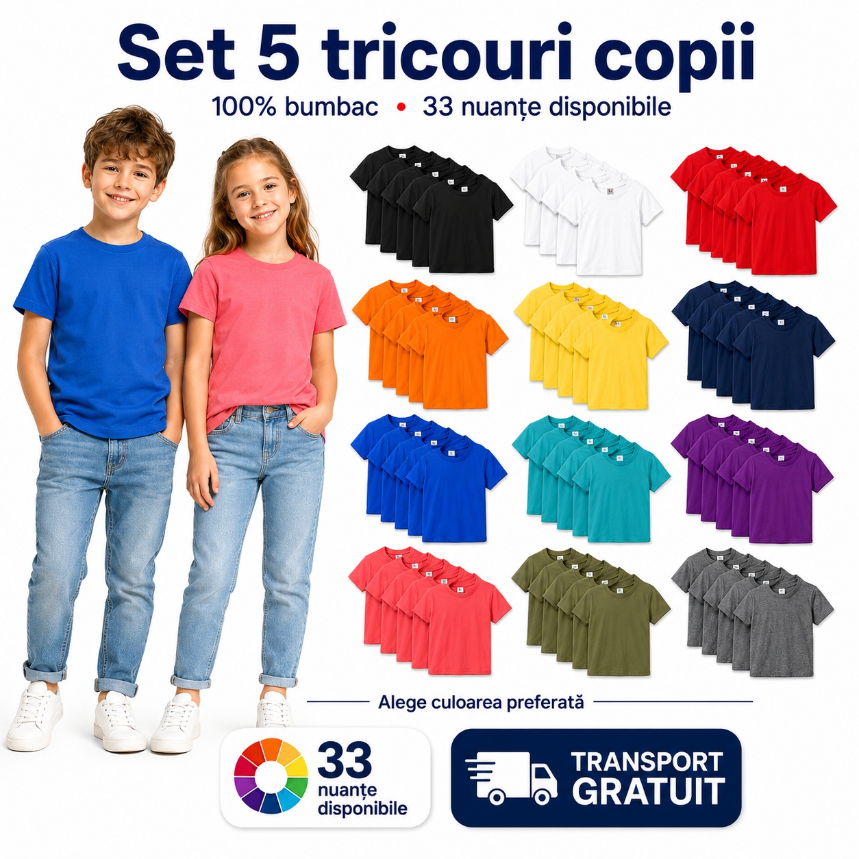Set 5 tricouri copii din bumbac 100% - 33 nuante disponibile Set 5 tricouri copii din bumbac 100%, fete si baieti, 33 nuante disponibile, transport gratuit