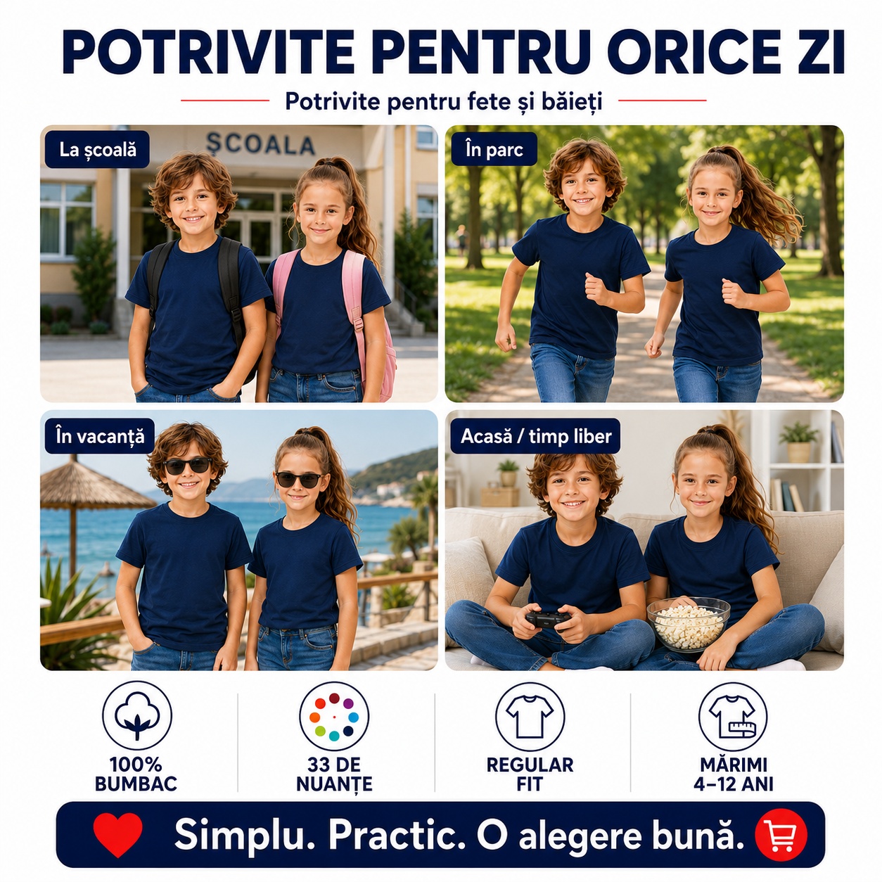 Set 5 tricouri copii potrivite pentru școală, parc, vacanță, acasă și timp liber