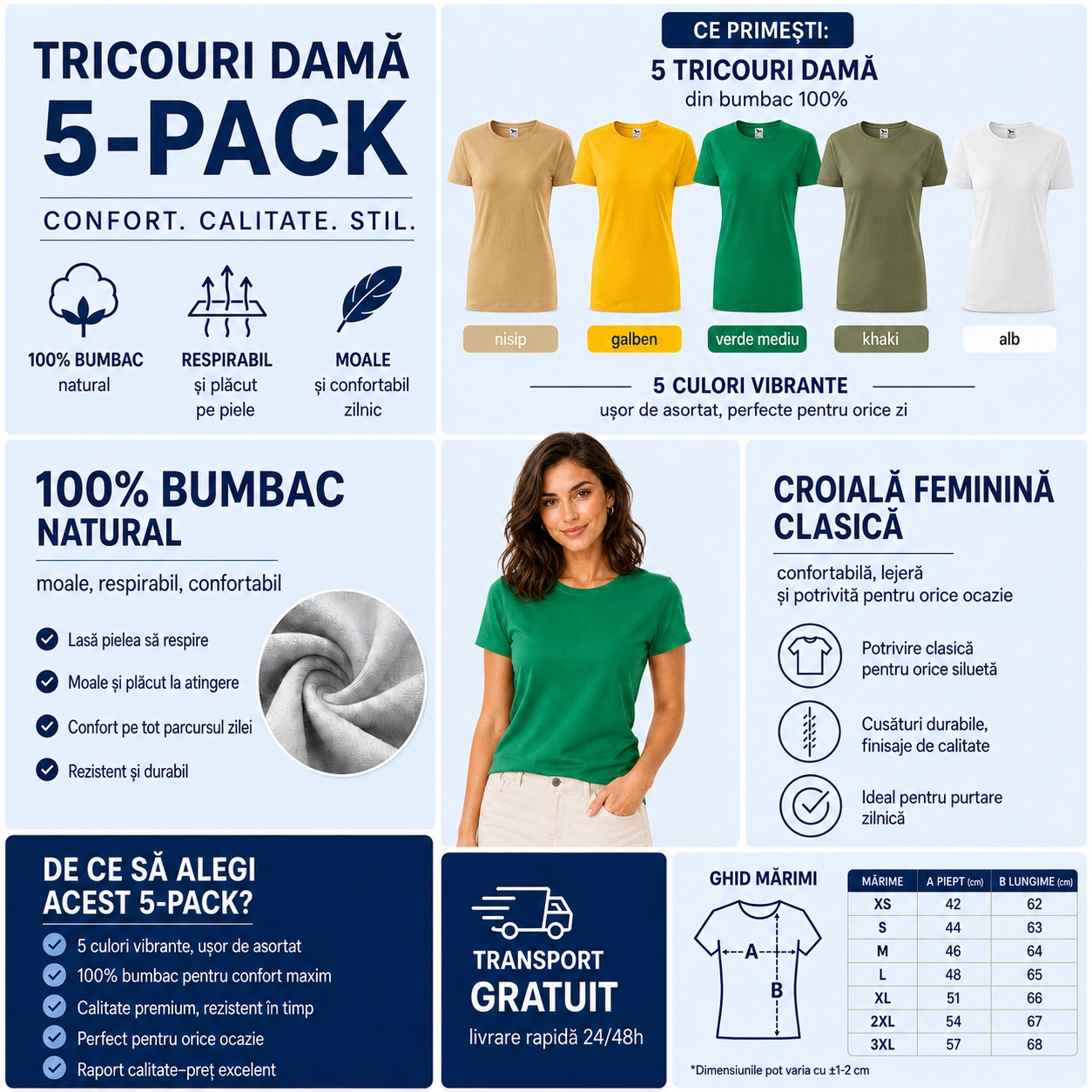 Tricouri damă 5 pack confort calitate stil 100% bumbac natural