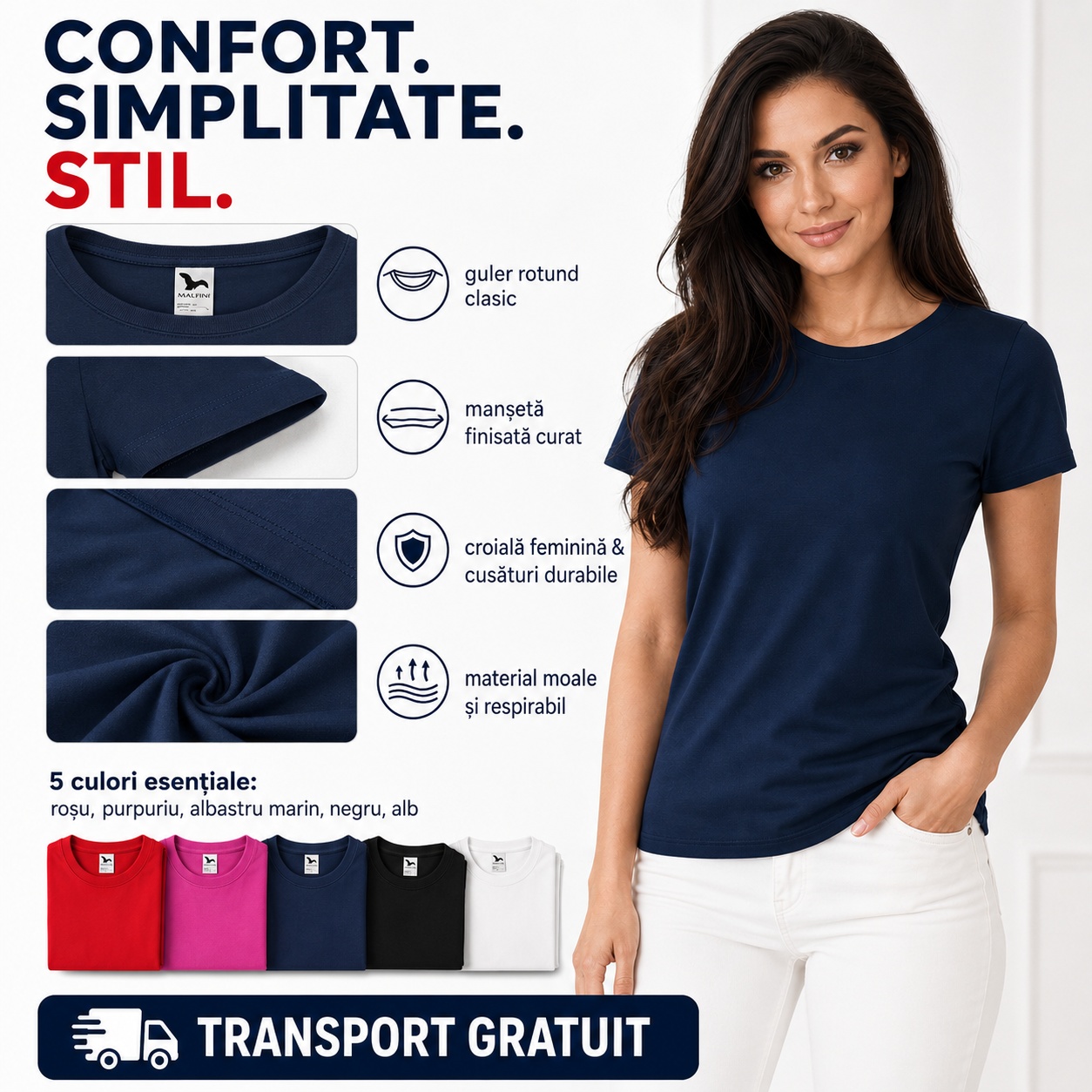 Detalii tricou damă basic guler rotund material moale și respirabil