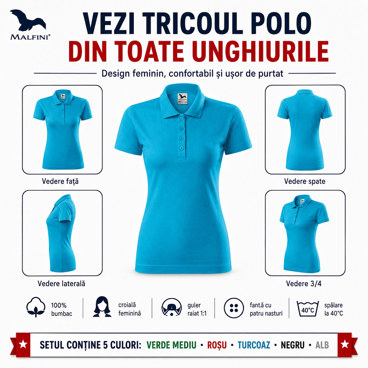 Tricou polo damă vedere față spate lateral și trei sferturi