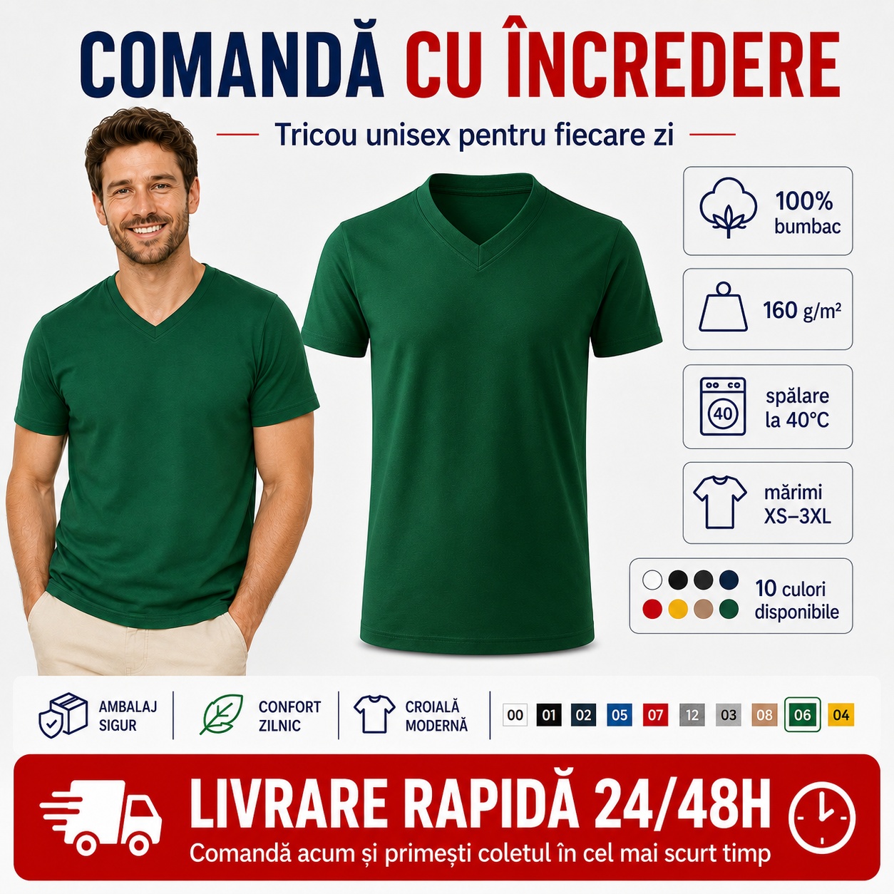 Tricou bărbat Malfini 102 Tricou bărbat unisex Malfini 102 verde cu guler în V