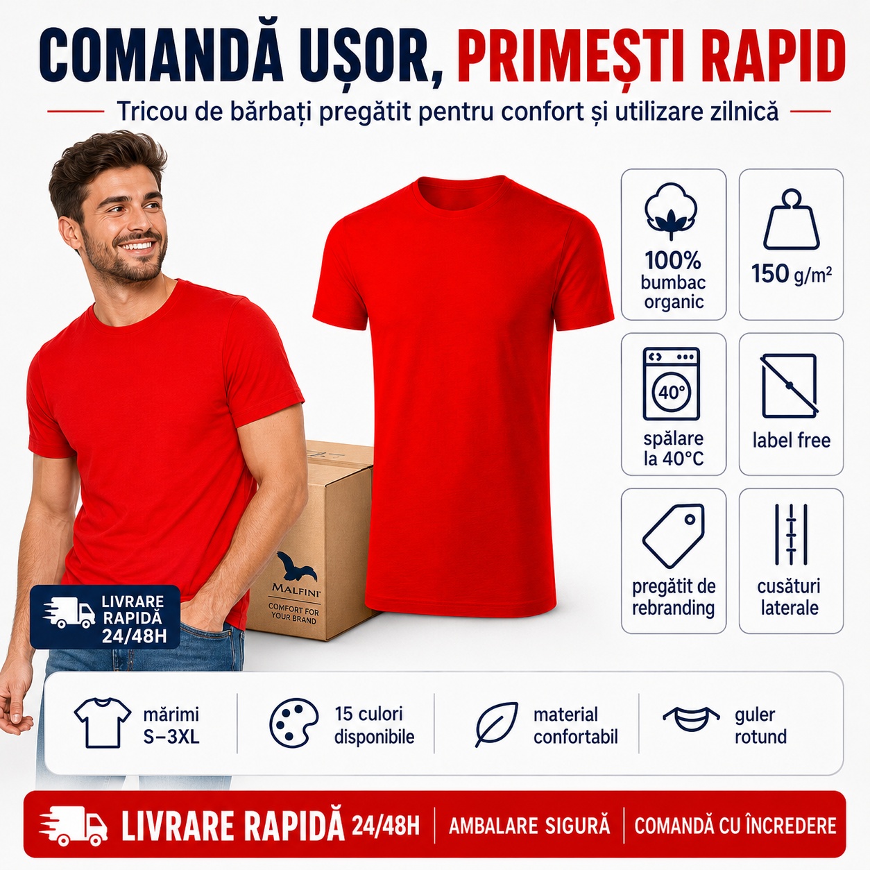 Comandă rapidă Tricou Bărbați Malfini Gulf 822 Comandă ușor tricou bărbați Malfini Gulf 822 cu livrare rapidă