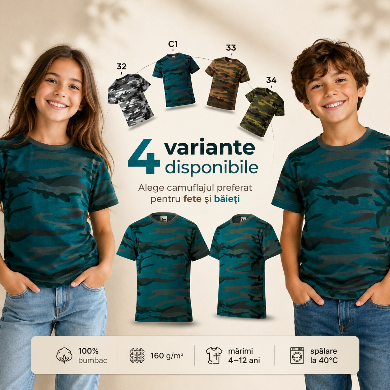 Tricou camuflaj pentru copii Malfini 149, 100% bumbac, 4 variante disponibile pentru fete și băieți