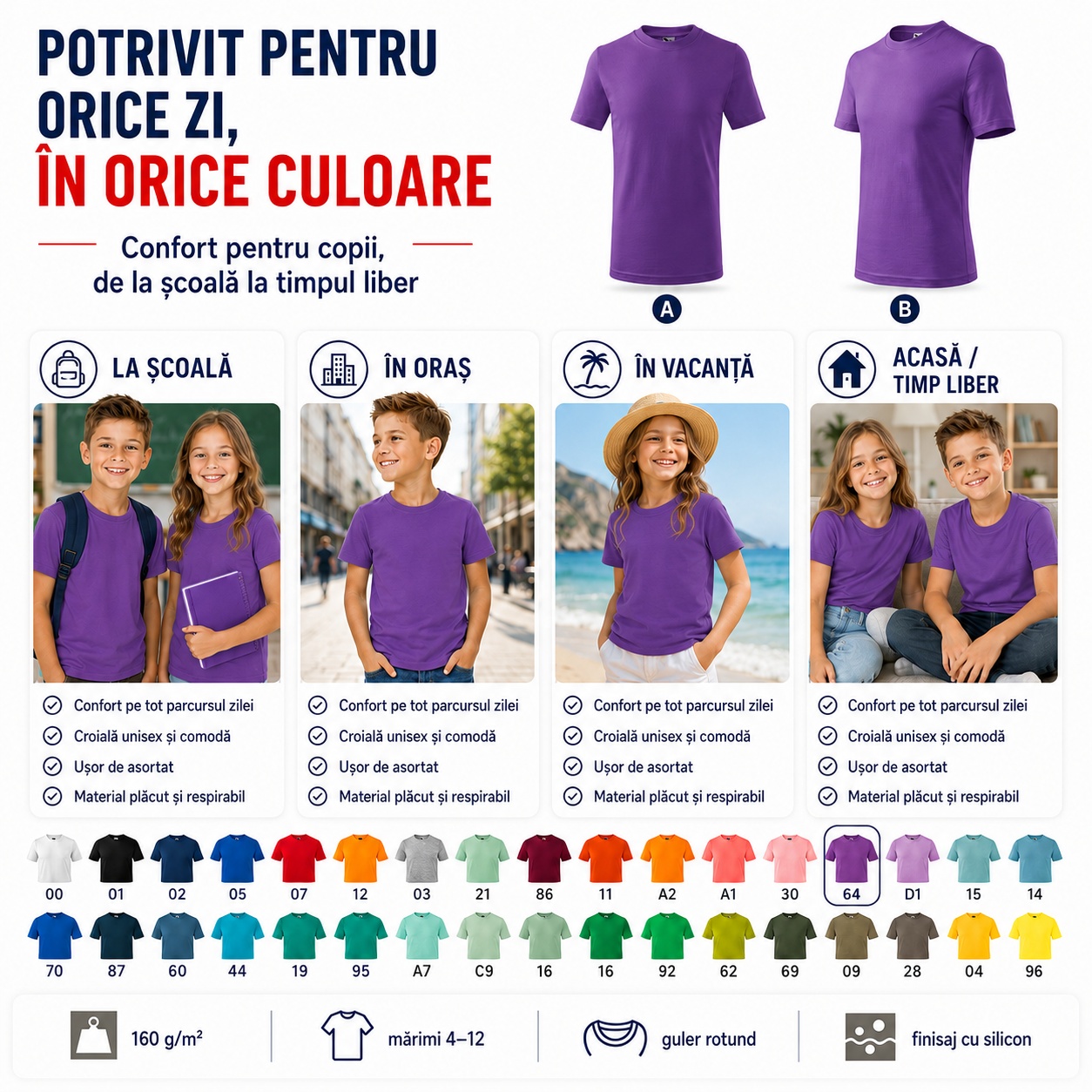 Tricou copii Basic Kids potrivit pentru școală, oraș, vacanță, acasă și timp liber
