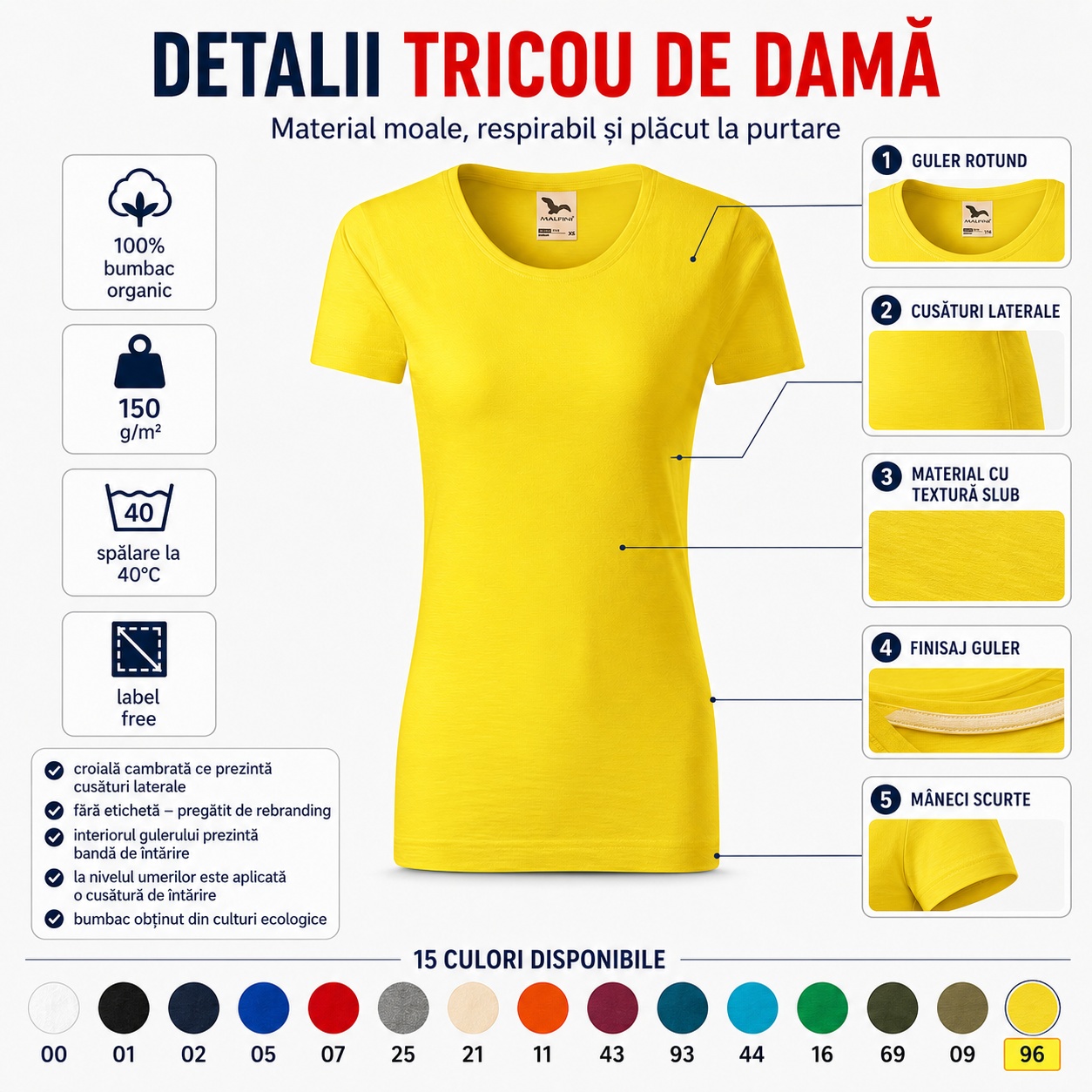 Detalii tricou damă Malfini Native GOTS 174 Detalii tricou damă Malfini Native GOTS 174, guler rotund, cusături laterale, material moale și mâneci scurte