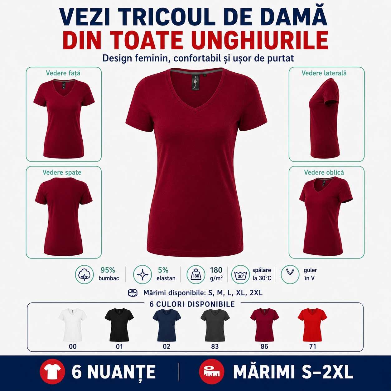 Tricou damă Malfini Premium Action V-Neck 701 din toate unghiurile Tricou damă Malfini Premium văzut din față, spate, lateral și oblic