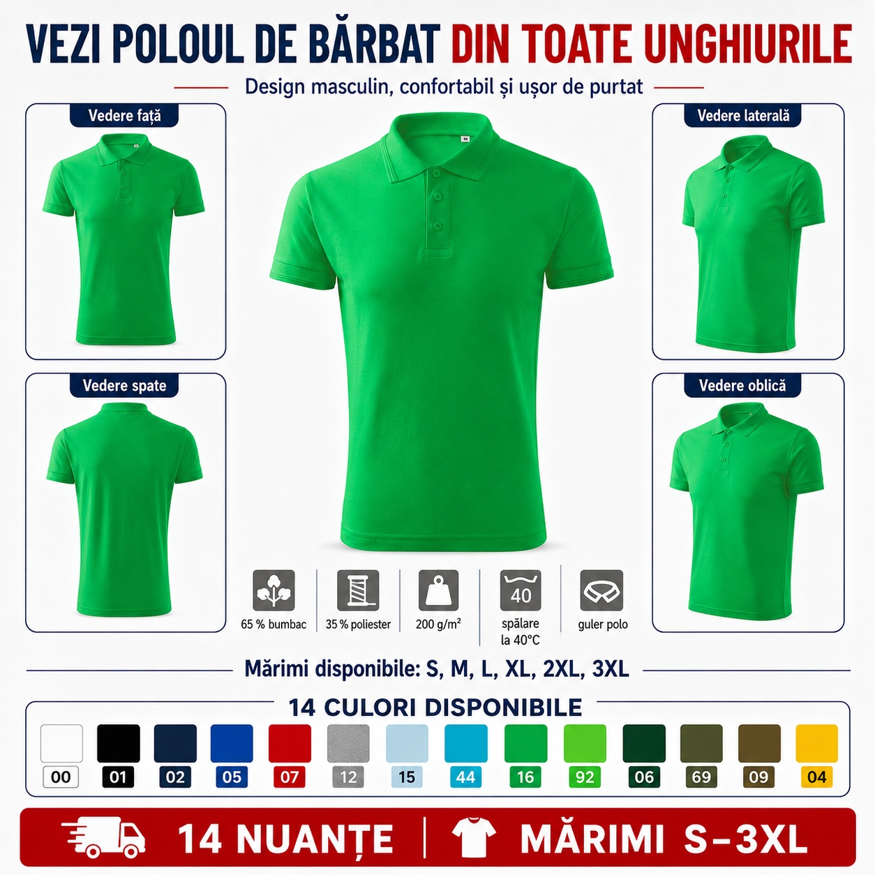 Polo Bărbat Malfini F03 din Toate Unghiurile Tricou polo bărbat Malfini F03 văzut din față spate lateral și oblic, design masculin confortabil ușor de purtat
