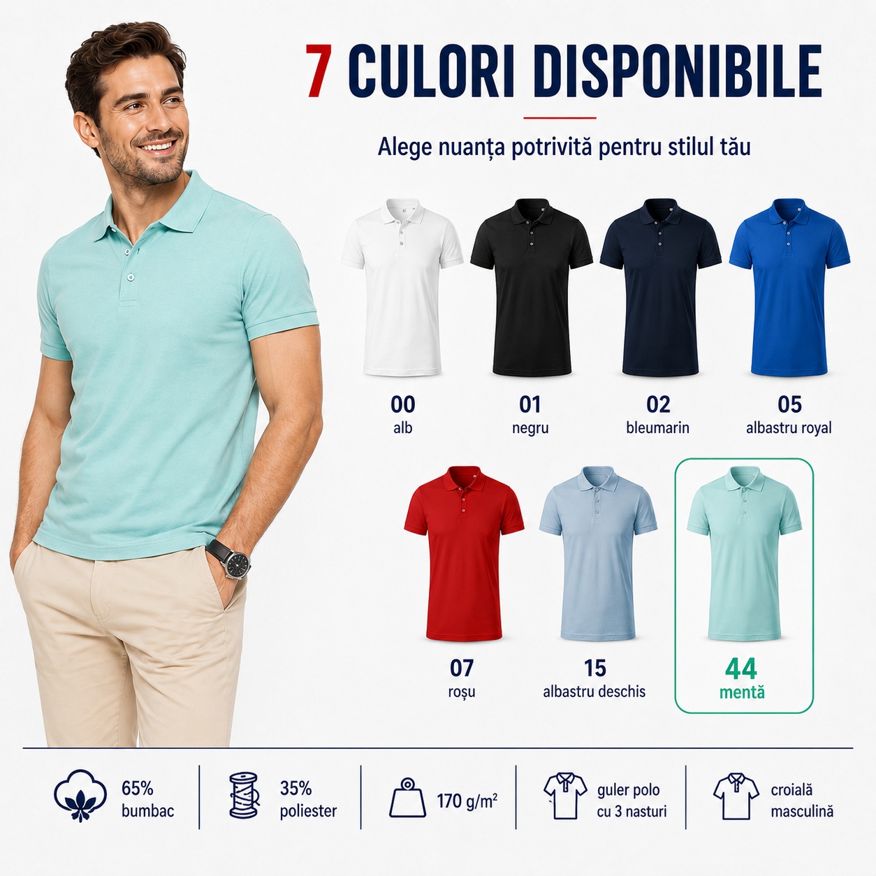 Tricou polo bărbat disponibil &icirc;n 7 culori, alb, negru, bleumarin, albastru regal, roșu, albastru deschis și mentă