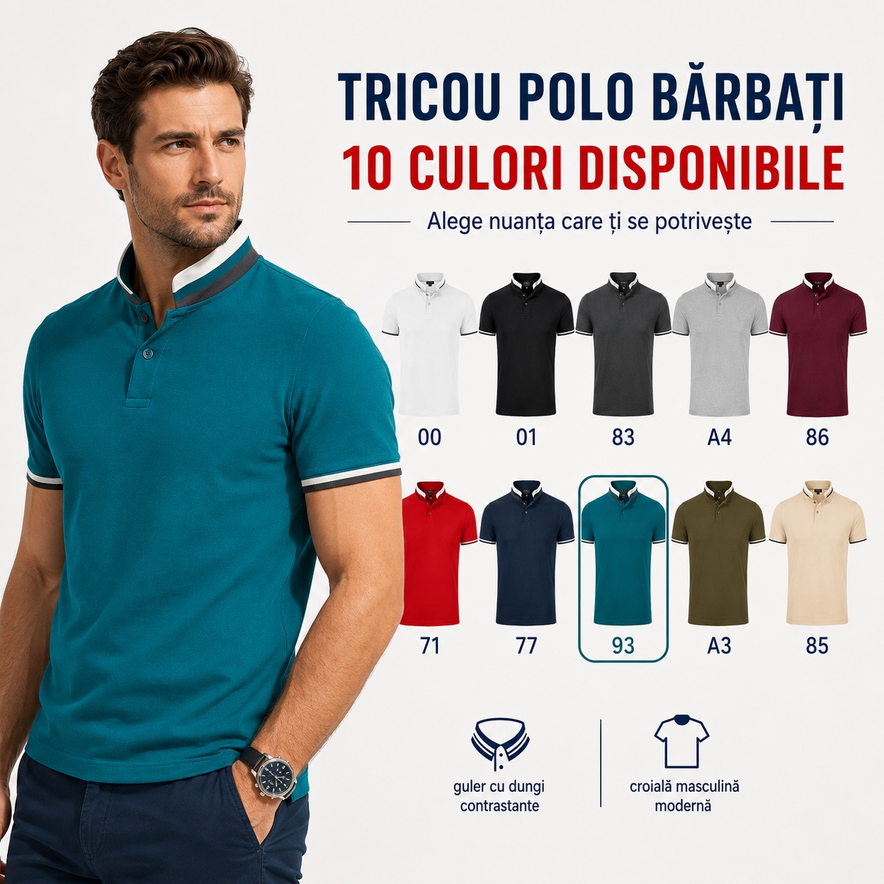 Tricou polo bărbați 256 Collar Up disponibil în 10 culori, alb, negru, antracit, silver gray, vișiniu, roșu, navy, petrol, avocado și vanilla