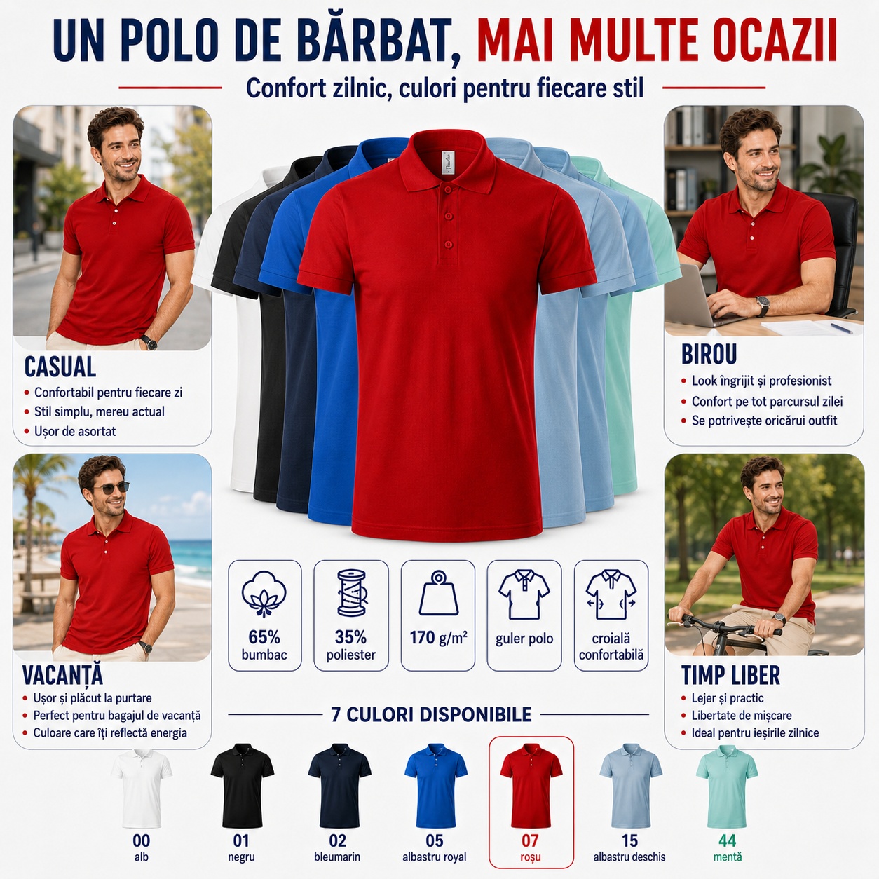 Tricou polo bărbați pentru casual, birou, vacanță și timp liber, 65% bumbac și 35% poliester