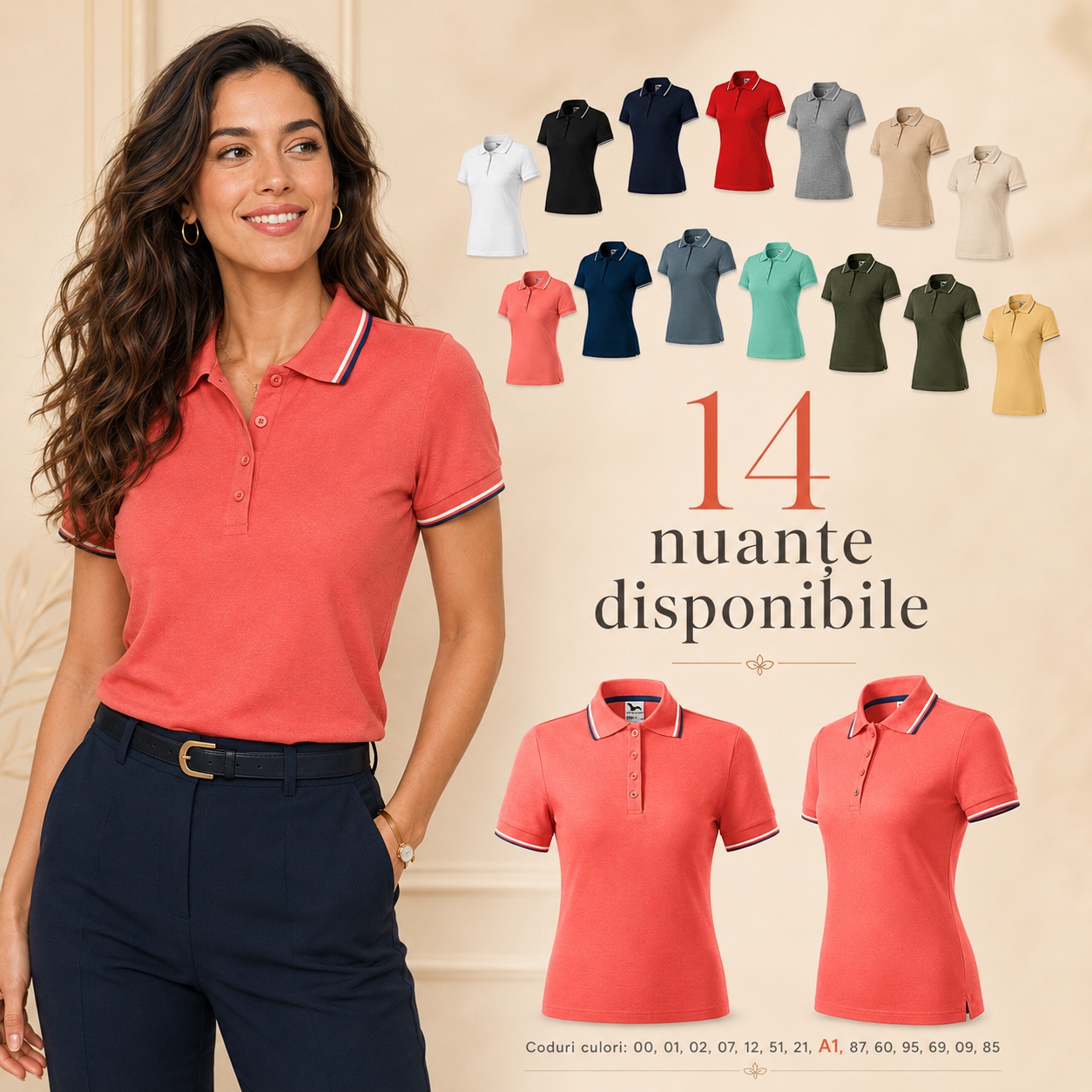 Polo damă coral - nuanțe disponibile