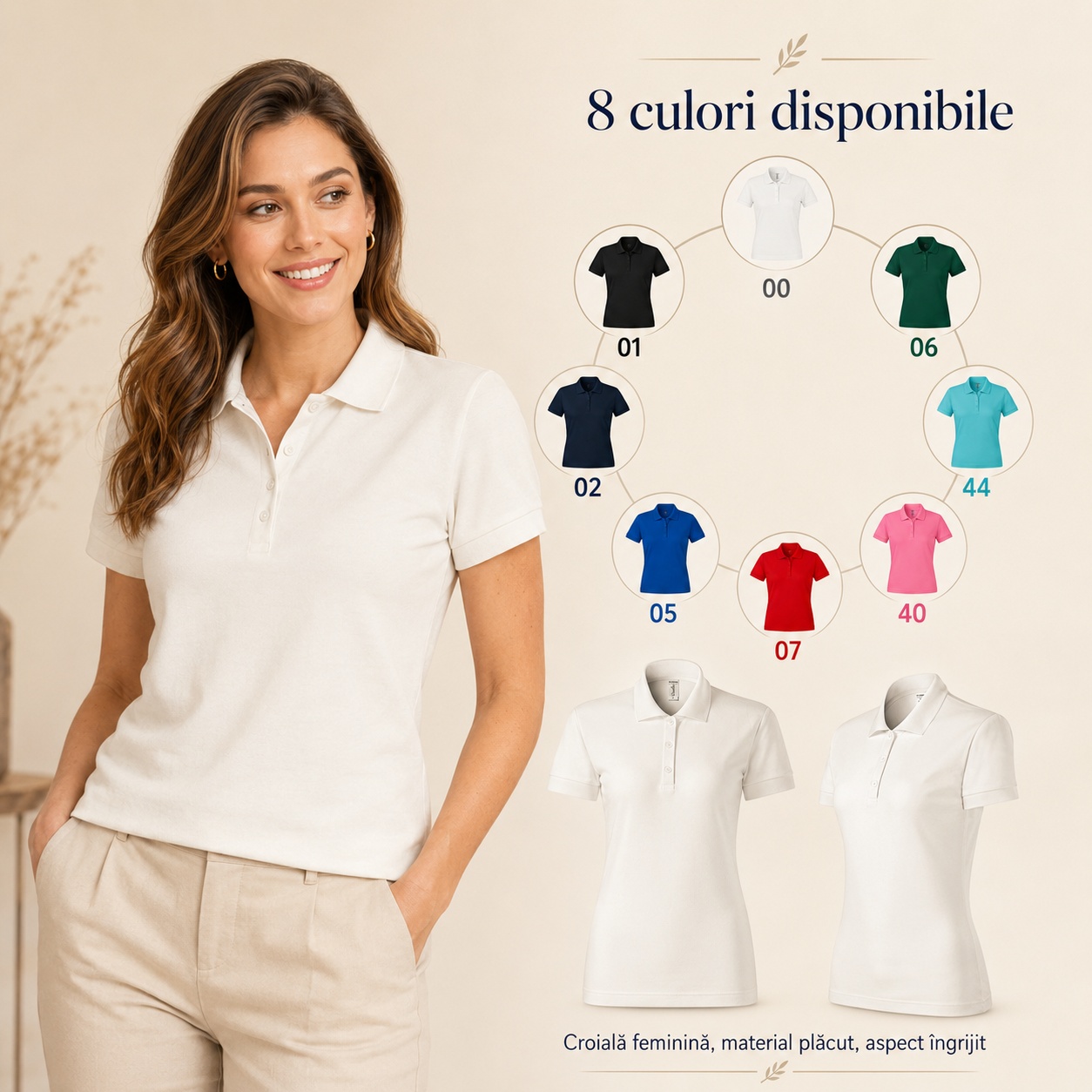 Tricou Polo Damă Joy P22 - culori disponibile Tricou polo damă Joy P22, 8 culori disponibile, croială feminină, material plăcut și aspect îngrijit