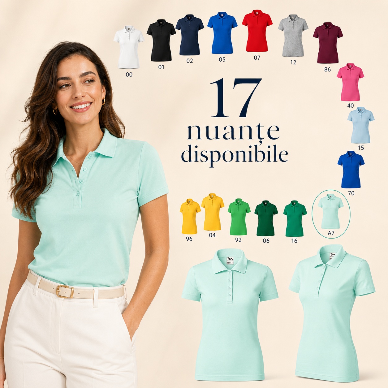Tricou polo damă - 17 nuanțe disponibile Tricou polo damă 17 nuanțe disponibile, croială feminină, material plăcut și respirabil