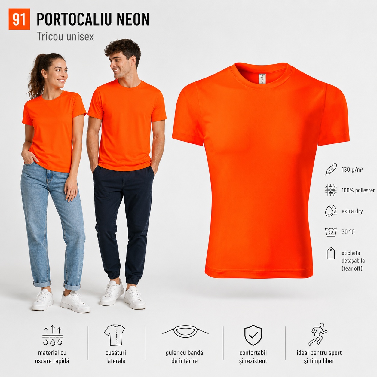 Tricou sport Extra Dry portocaliu neon cod 91 Tricou sport unisex Extra Dry portocaliu neon cod 91