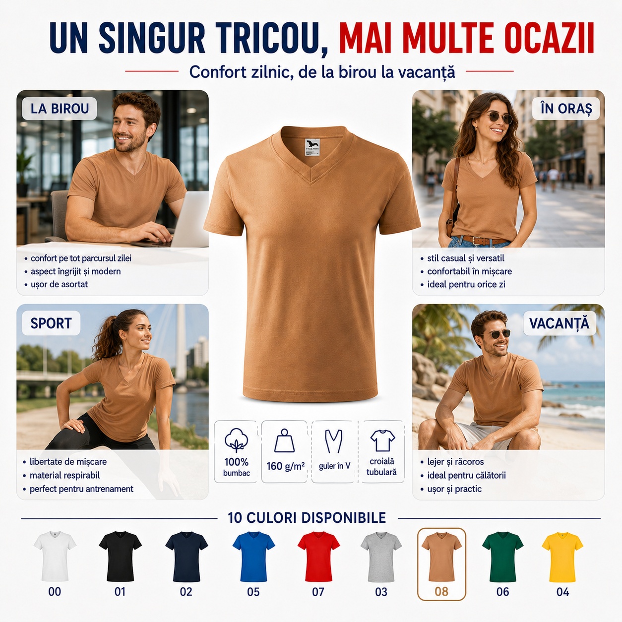 Tricou unisex pentru mai multe ocazii Tricou cu guler în V pentru birou oraș sport și vacanță