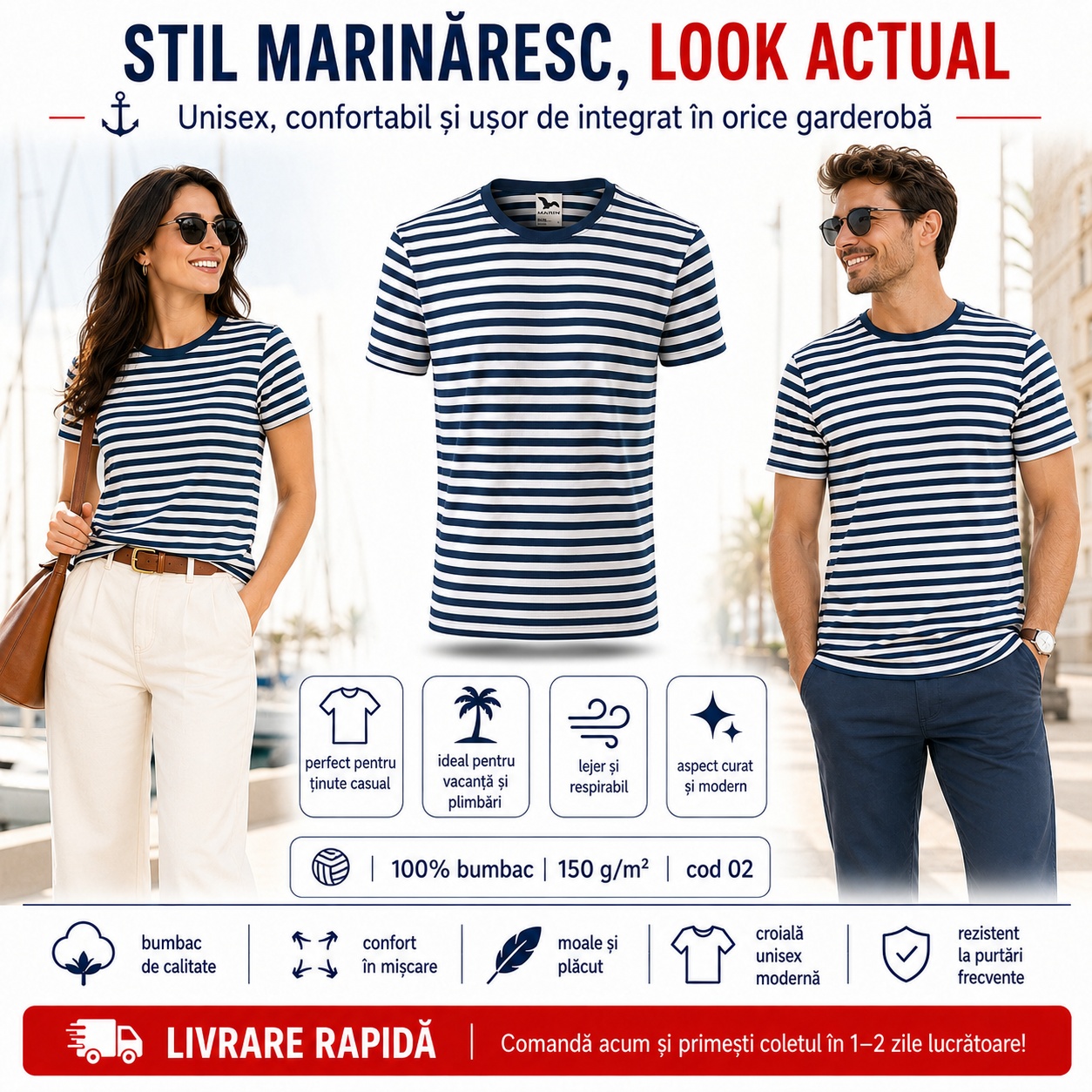 Stil marinăresc și look actual Tricou unisex tip marinăresc Malfini 803 Sailor, look casual modern
