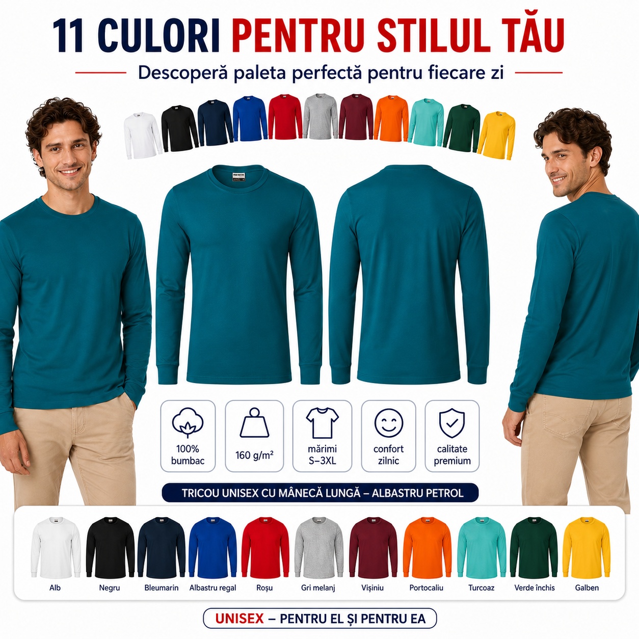 Tricou unisex Rimeck albastru petrol Tricou Rimeck albastru petrol văzut din față și spate, cu 11 culori disponibile