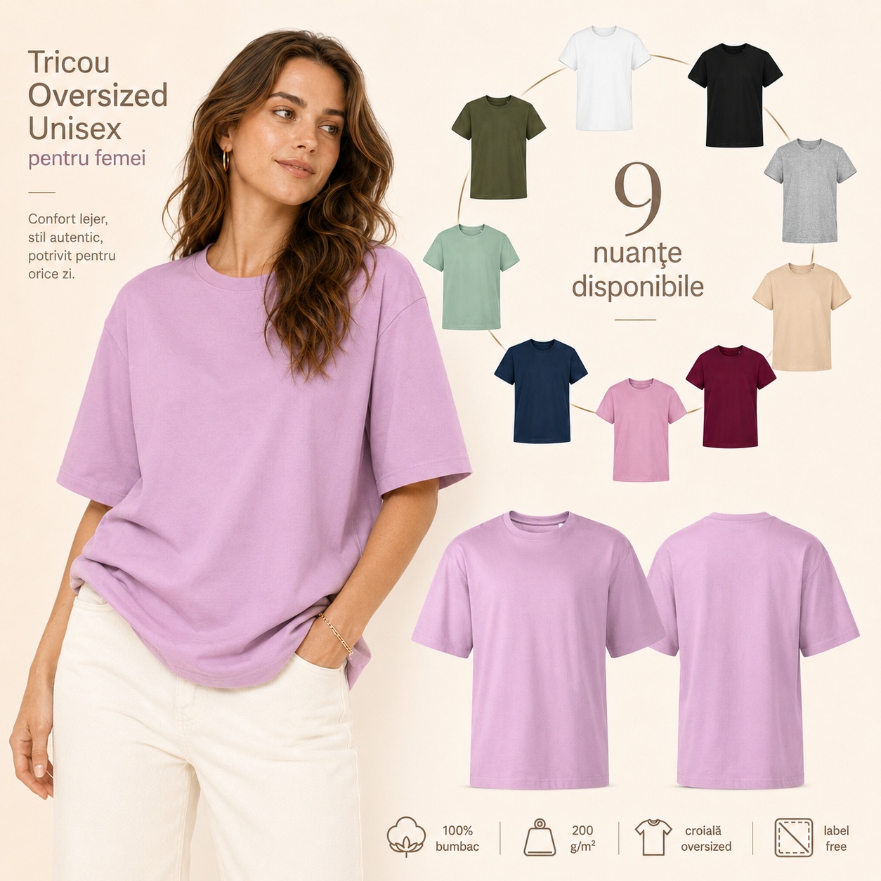 Tricou oversized unisex pentru femei - 9 nuanțe disponibile Tricou oversized unisex pentru femei 9 nuanțe disponibile alb negru gri bej bordo roz bleumarin salvie kaki