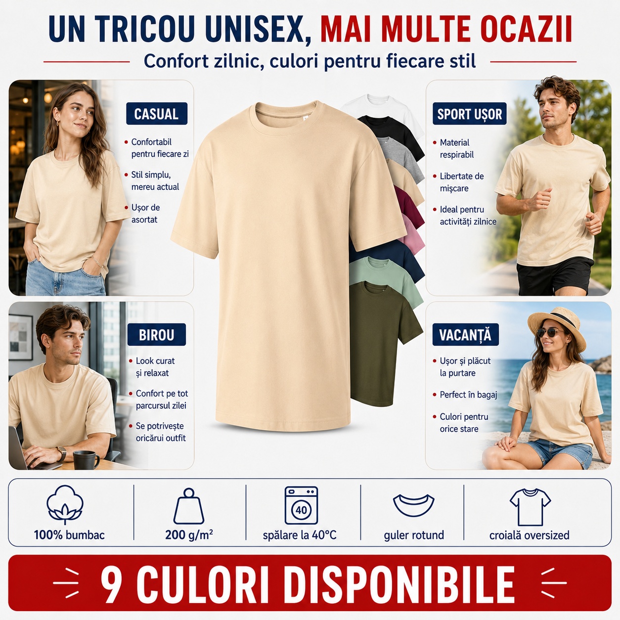 Un tricou unisex oversize pentru mai multe ocazii Tricou unisex oversize damă și bărbat pentru casual sport ușor birou vacanță 100% bumbac