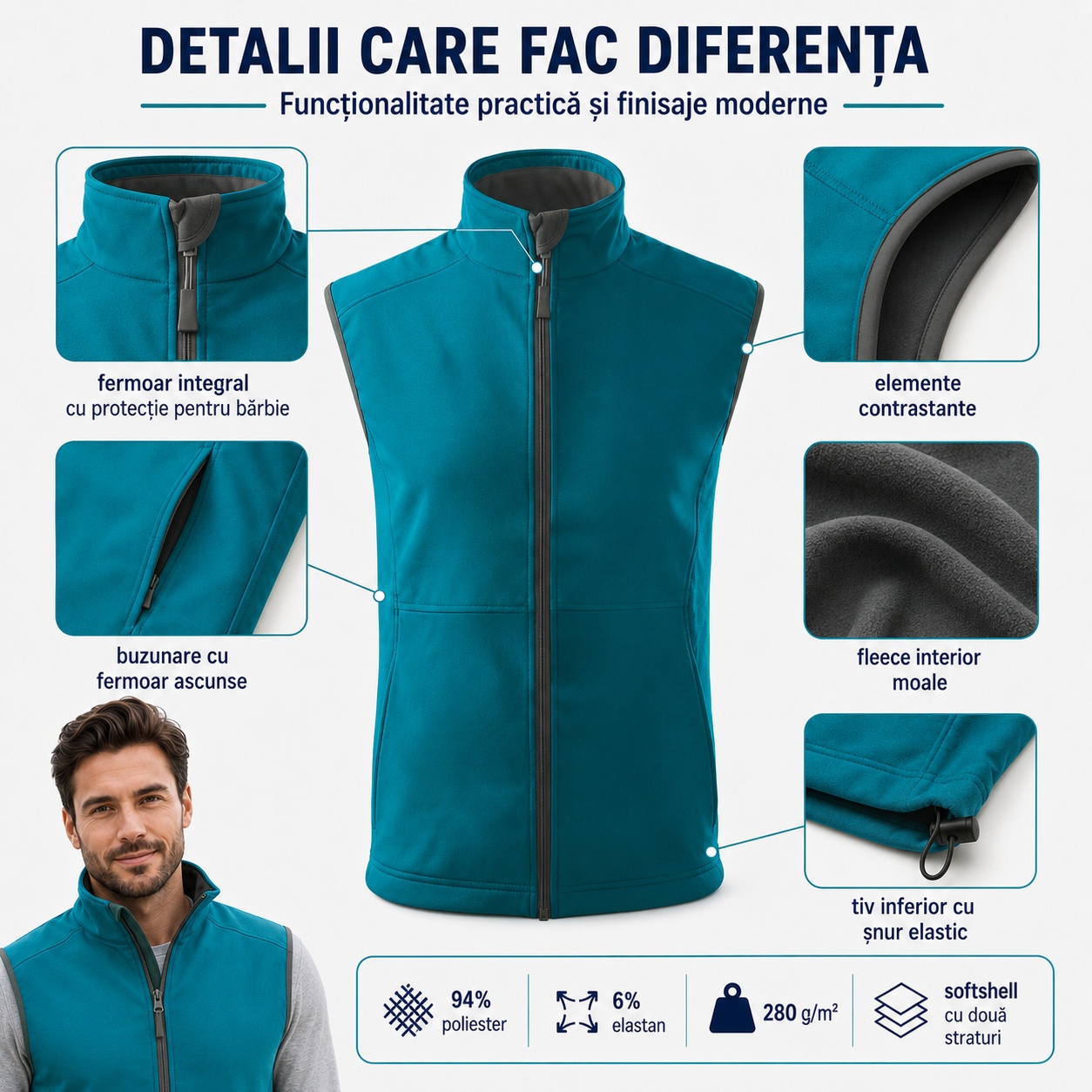 Vestă softshell bărbați fără mâneci pentru protecție și confort termic