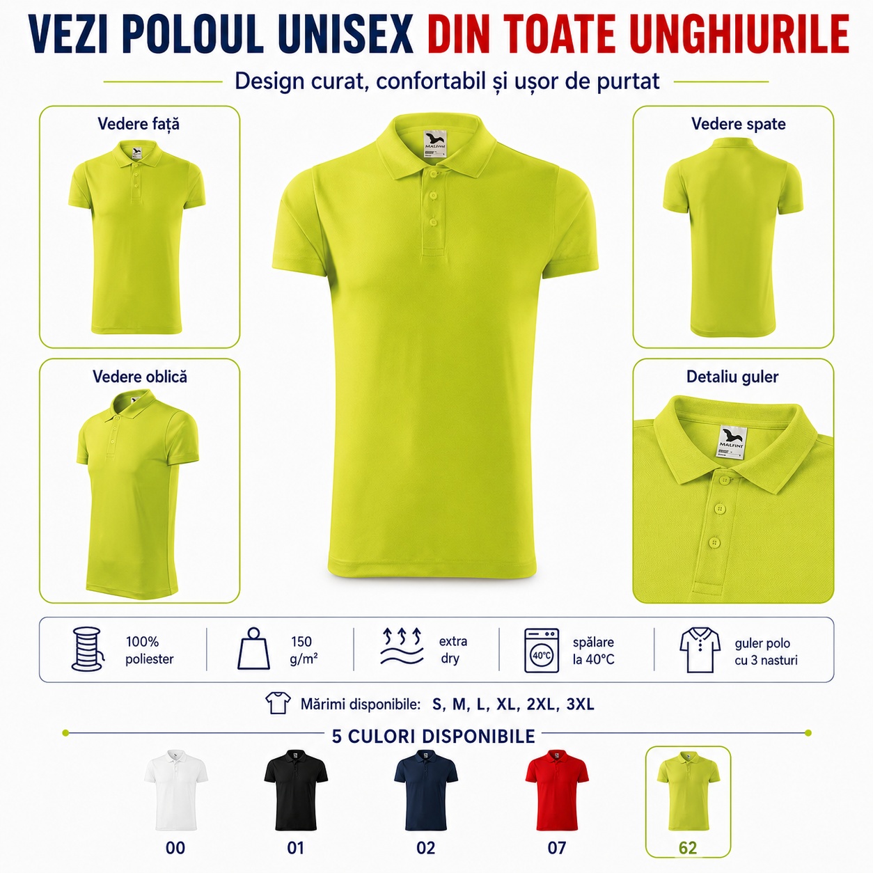 Vederi față, spate și laterală Malfini 217 Victory Tricou polo unisex Malfini 217 Victory văzut din față, spate, lateral și în detaliu la guler