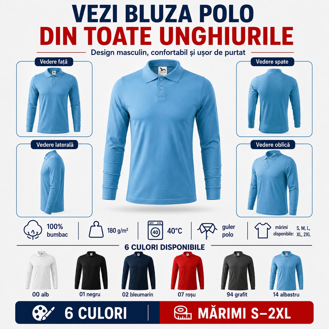 Bluză polo bărbați văzută din față, spate, lateral și oblic