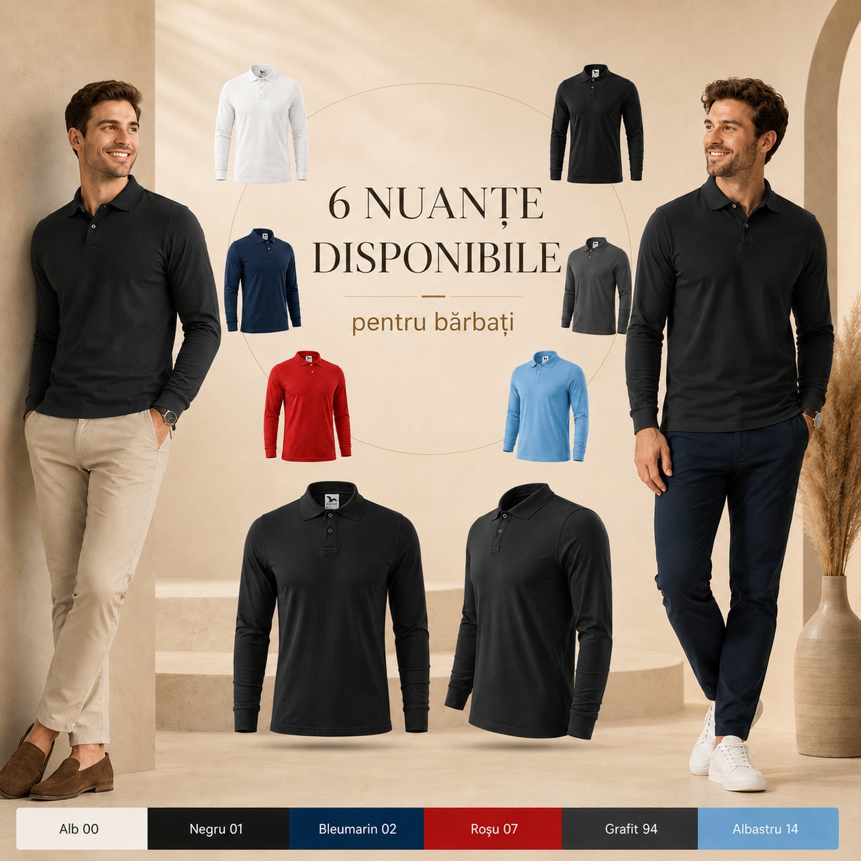 Bluză polo bărbați disponibilă în 6 nuanțe: alb, negru, bleumarin, roșu, grafit și albastru