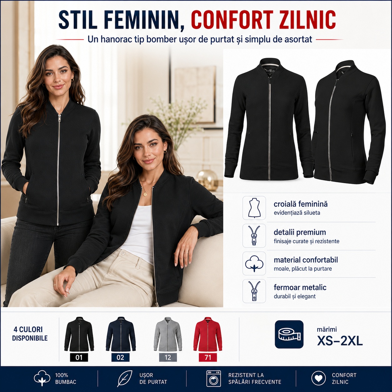 Bluza damă tip bomber vedere față spate și laterală