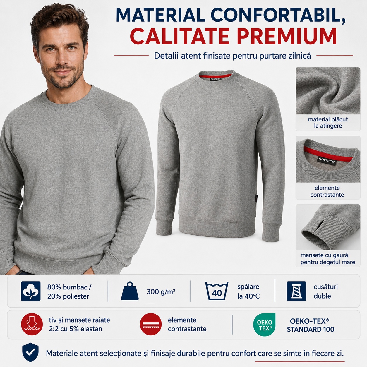 Material și finisaje Rimeck Vertex W42 Material și finisaje sweatshirt Rimeck Vertex W42 cu țesătură confortabilă, elemente contrastante și manșete elastice