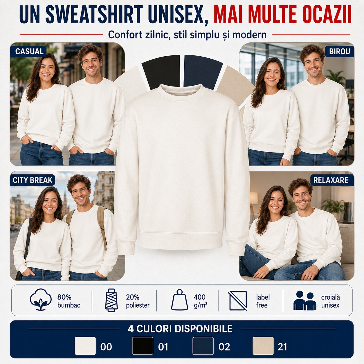 Bluză casual unisex fără glugă pentru femei și bărbați
