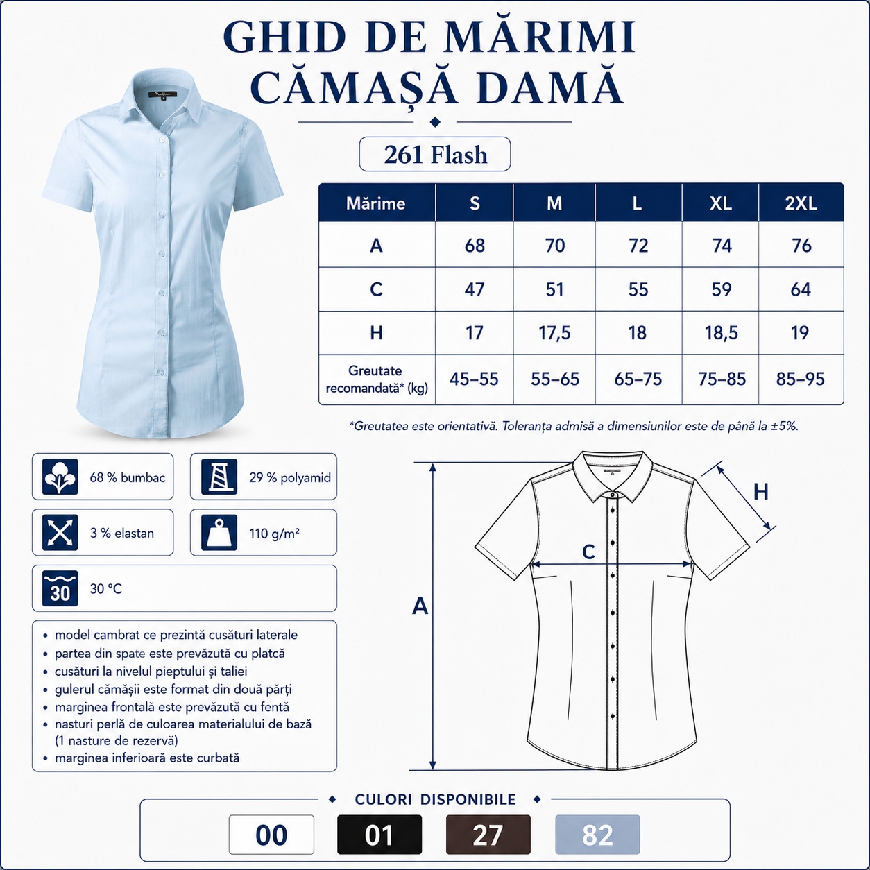 Tabel de mărimi Malfini 261 Flash Ghid mărimi cămașă damă Malfini 261 Flash S M L XL 2XL