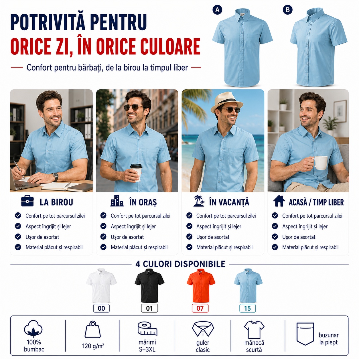 Cămașă bărbați cu m&acirc;necă scurtă purtată la birou, &icirc;n oraș, &icirc;n vacanță și acasă