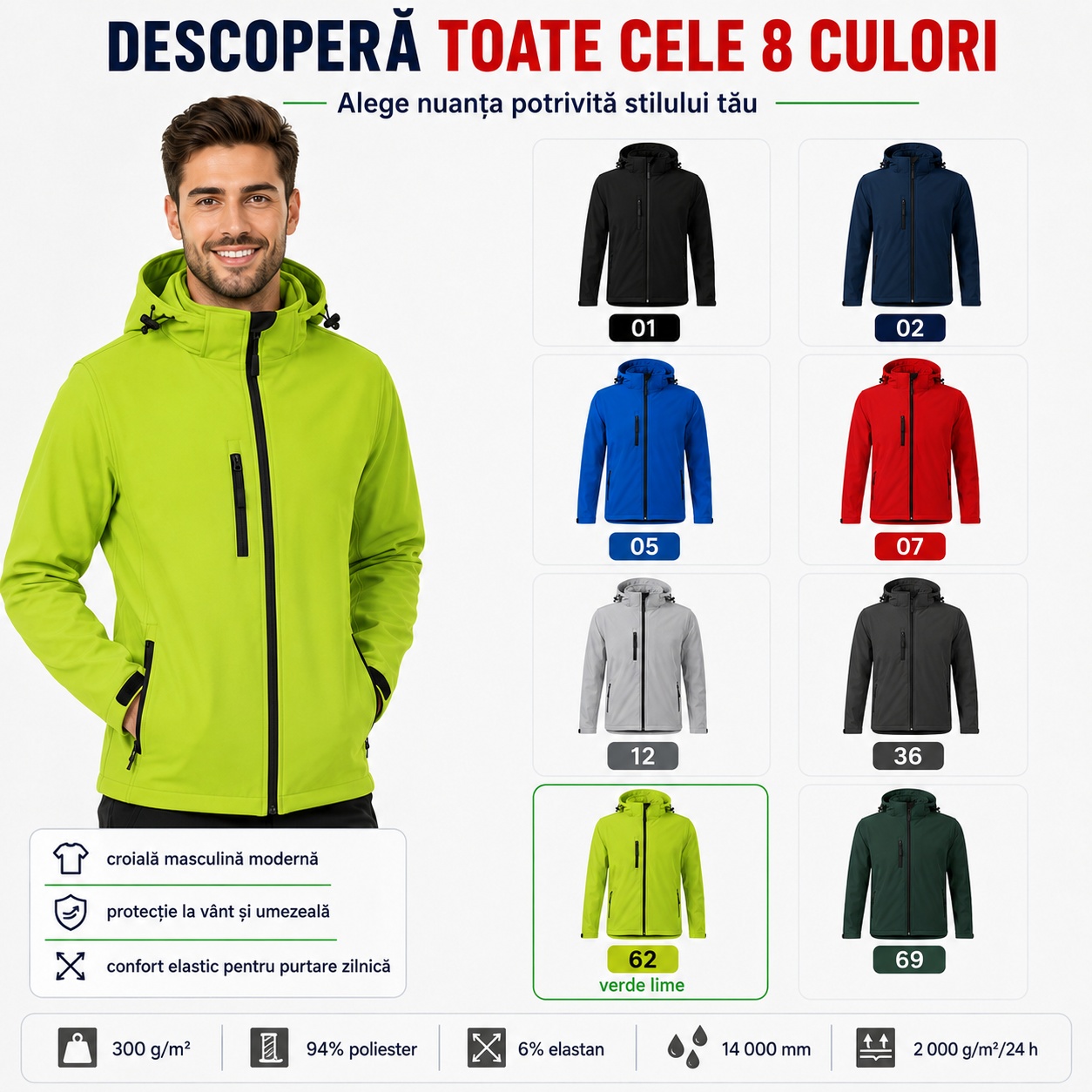 Geacă bărbați softshell Performance 522 cu glugă detașabilă și impermeabilitate 14000 mm