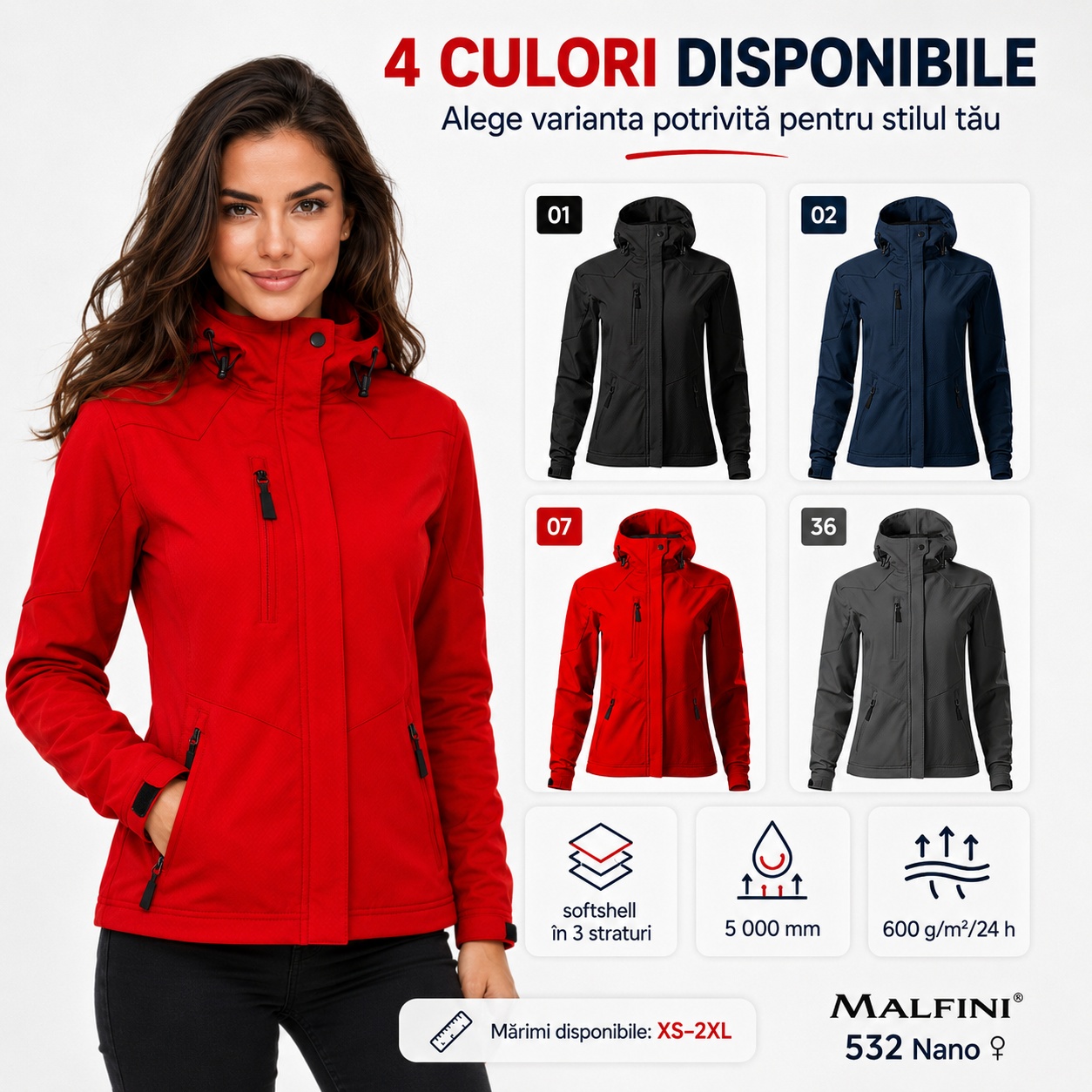 Geacă damă softshell cu glugă impermeabilă Nano 532 MALFINI