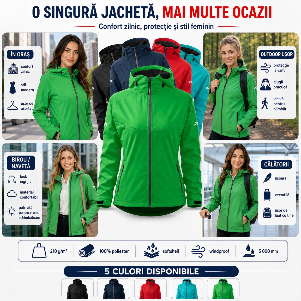 Cele 5 culori disponibile pentru geaca softshell damă Cool 514