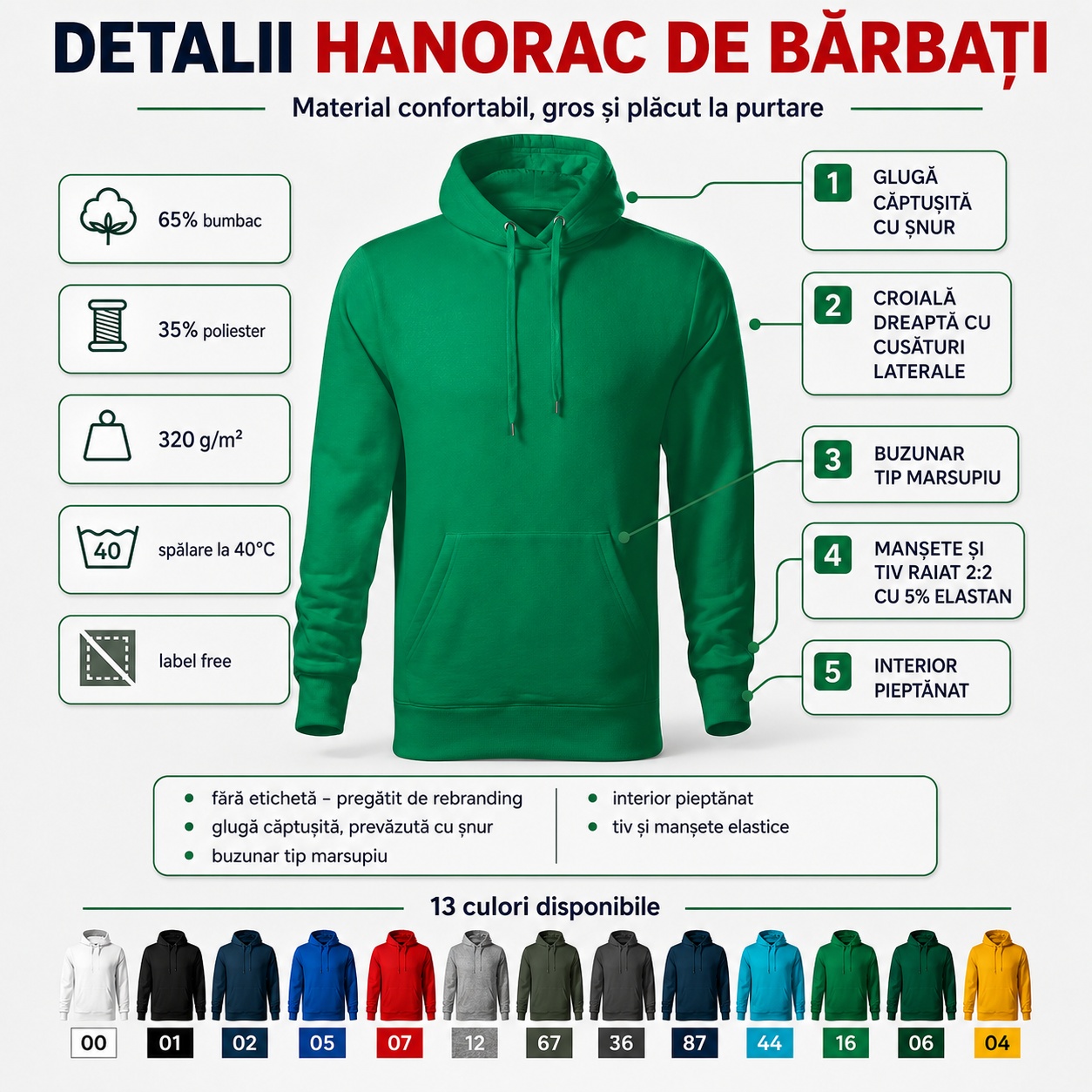 Detalii hanorac Malfini F13 Cape Free Detalii hanorac bărbați F13 Cape Free cu glugă căptușită, buzunar marsupiu, manșete elastice și interior pieptănat