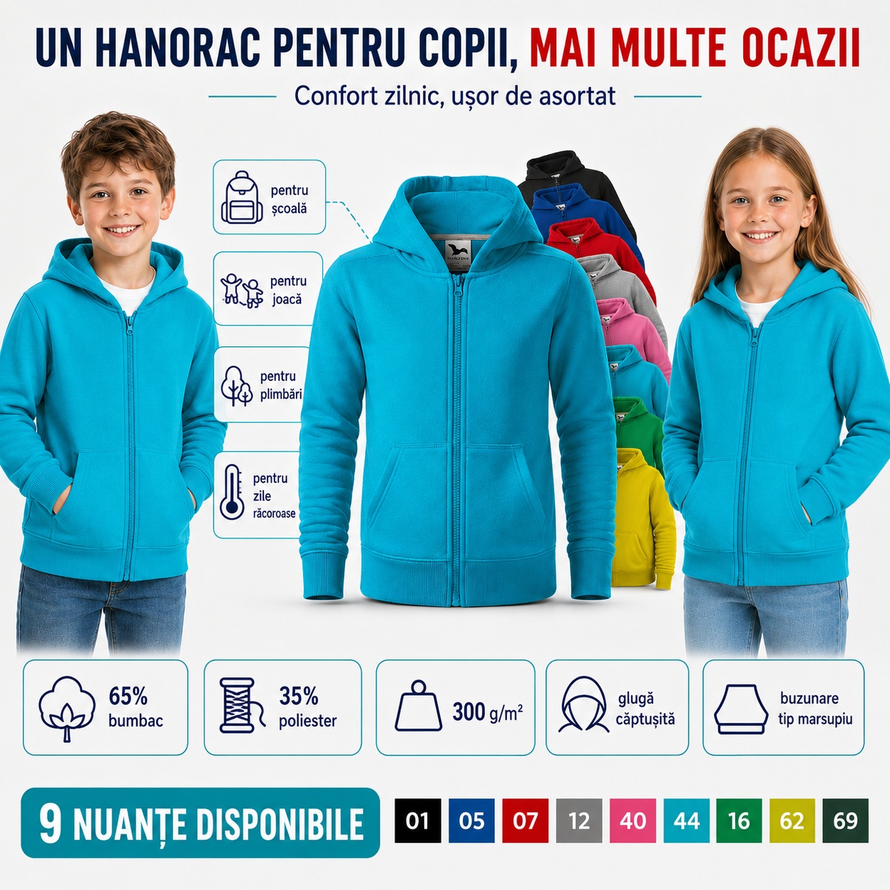 Hanorac pentru copii cu fermoar, glugă și 9 culori pentru mai multe ocazii