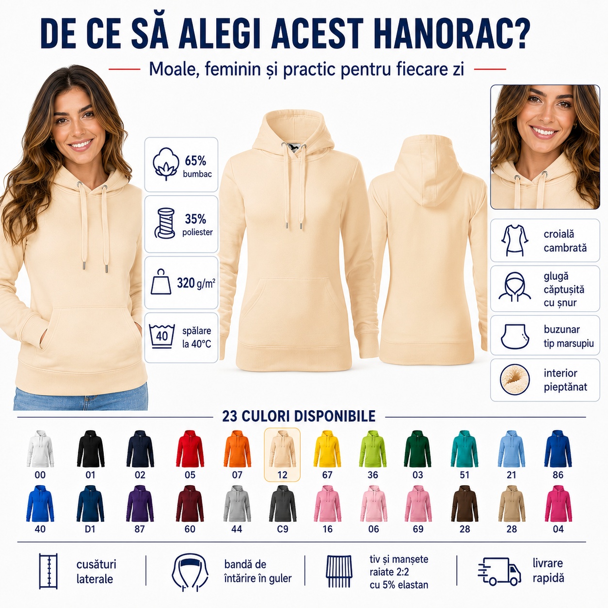 De ce să alegi Malfini 414 Cape De ce să alegi hanoracul de damă Malfini 414 Cape: croială cambrată, glugă căptușită și interior pieptănat